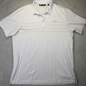 TravisMathew Mens XL White Striped Short Sleeve‎ Golf Polo Shirt Pique Logo